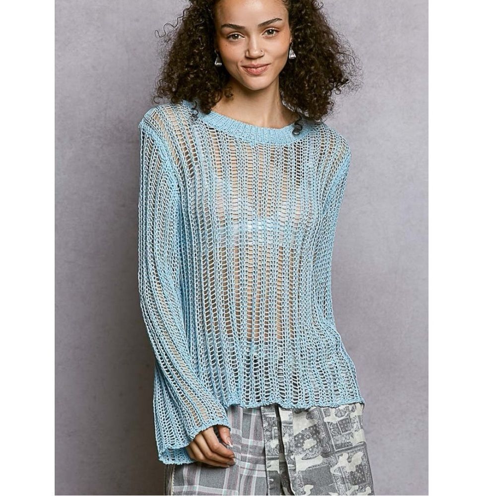POL Crochet Sweater Open Knit Boho Lightweight Long Sleeve Cover Up Blue NEW